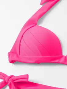 SHEIN Swim Summer Beach Knot Back Halter Push Up Bikini - Hot Pink - View 5