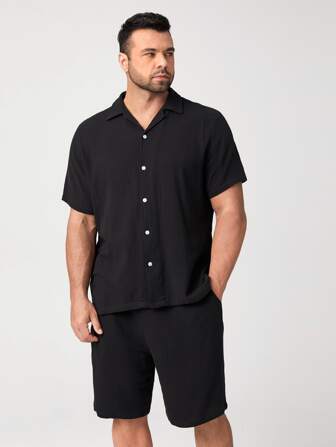 Manfinity Basics Men Plus 100% Cotton Solid Button Front Shirt & Shorts