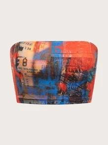 SHEIN ICON Slogan and Graphic Print Tube Top - Multicolor - View 1