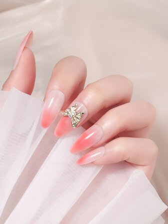 LULAA 24Pcs Bow-Knot Decor Fake Nail & 1Pc Nail File & 1Sheet Tape Press On Nails Nail Supplies Nails