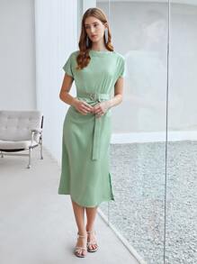 MOTF PREMIUM 蝙蝠翼袖水鑽繫腰帶洋裝 - 薄荷綠 - 查看 6