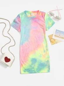 SHEIN Young Girl Summer Casual Tie Dye Round Neck Short Sleeve Dress