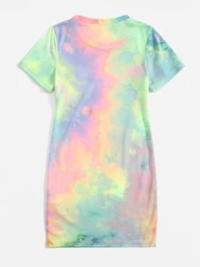 SHEIN Young Girl Summer Casual Tie Dye Round Neck Short Sleeve Dress