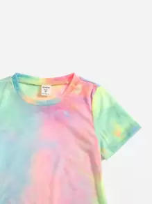 SHEIN Young Girl Summer Casual Tie Dye Round Neck Short Sleeve Dress