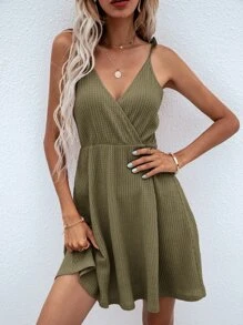 SHEIN Frenchy Solid Surplice Front Cami Dress - Army Green - View 1
