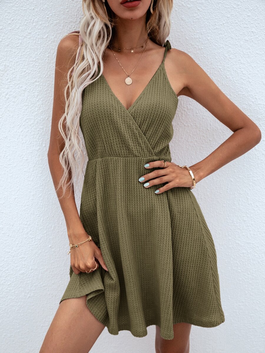 SHEIN Frenchy Solid Surplice Front Cami Dress - Army Green - View 1