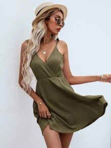 SHEIN Frenchy Solid Surplice Front Cami Dress - Army Green - View 3