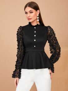 Modelyn Top aplique floral bajo con fruncido ribete fruncido - Negro - Ver 1