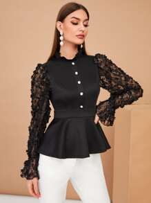 Modelyn Top aplique floral bajo con fruncido ribete fruncido - Negro - Ver 4