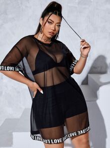 Flirla Vestido con cinta con letra de hombros caídos de malla - Negro - Ver 1