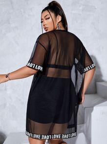 Flirla Vestido con cinta con letra de hombros caídos de malla - Negro - Ver 2