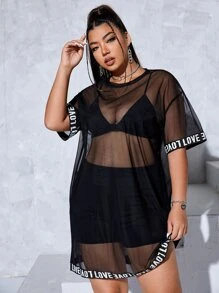 Flirla Vestido con cinta con letra de hombros caídos de malla - Negro - Ver 5