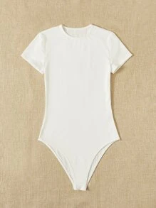 SHEIN Tall Solid Slim Fit Semi-sheer Bodysuit - White - View 5