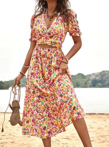 Breezaya Allover Floral Print Cut Out Wrap Tie Back Dress - Multicolor - View 1