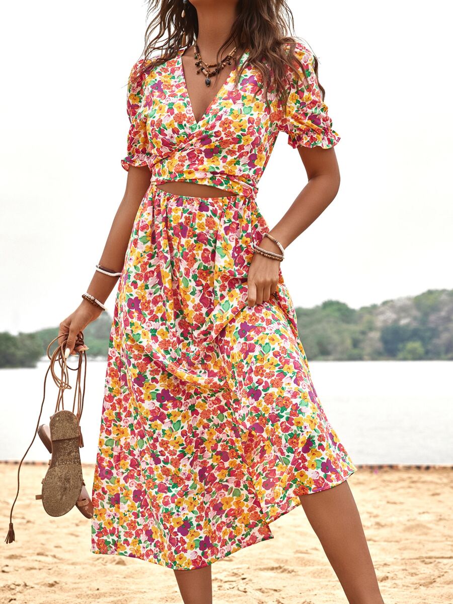 Breezaya Allover Floral Print Cut Out Wrap Tie Back Dress - Multicolor - View 1