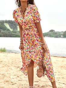 Breezaya Allover Floral Print Cut Out Wrap Tie Back Dress - Multicolor - View 4