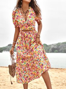 Breezaya Allover Floral Print Cut Out Wrap Tie Back Dress - Multicolor - View 5