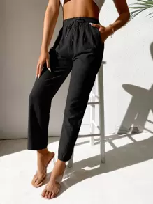 SHEIN PETITE Pantalones rectos de cintura con cordón - Negro - Ver 1