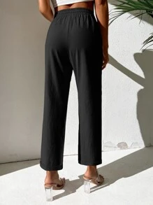 SHEIN PETITE Pantalones rectos de cintura con cordón - Negro - Ver 2