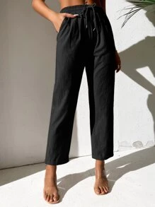 SHEIN PETITE Pantalones rectos de cintura con cordón - Negro - Ver 3