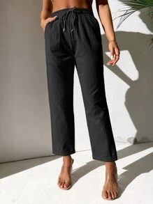 SHEIN PETITE Pantalones rectos de cintura con cordón - Negro - Ver 5