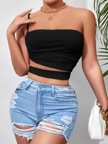 SHEIN PETITE 鏤空單肩短款上衣 - 黑色 - 查看 1