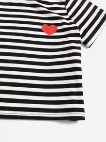 SHEIN Baby Girl Striped & Heart Print Tee - Black and White - View 4