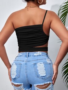 SHEIN PETITE 鏤空單肩短款上衣 - 黑色 - 查看 2