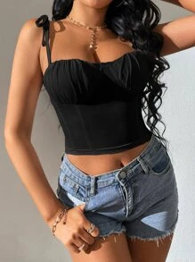 SHEIN Tall Tie Shoulder Bustier Crop Cami Top - Black - View 4