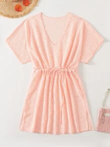 SHEIN Swim Summer Beach Hollow Out Split Cover Up - Coral Pink - View 6