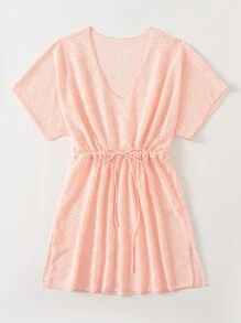 SHEIN Swim Summer Beach Hollow Out Split Cover Up - Coral Pink - View 5