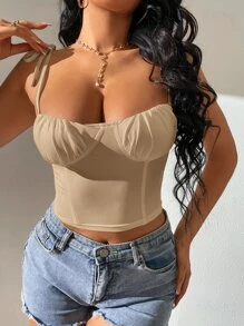 SHEIN Tall 肩上打結緊身上衣吊帶短上衣 - 杏色 - 查看 1