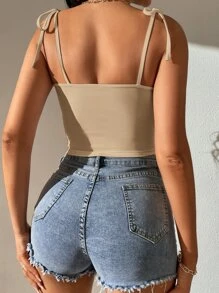 SHEIN Tall 肩上打結緊身上衣吊帶短上衣 - 杏色 - 查看 2