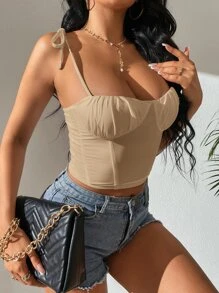 SHEIN Tall 肩上打結緊身上衣吊帶短上衣 - 杏色 - 查看 4