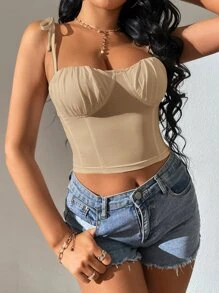 SHEIN Tall 肩上打結緊身上衣吊帶短上衣 - 杏色 - 查看 5