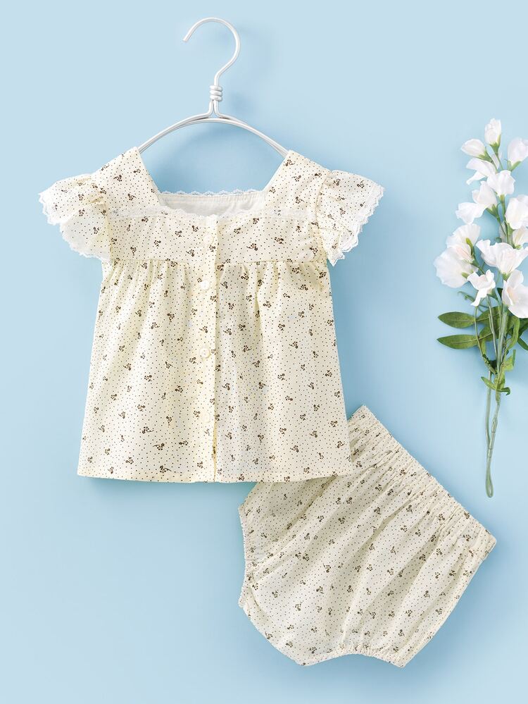 小女童點和小碎花蕾絲拼接荷葉袖上衣和短褲 - 米色 - 查看 2