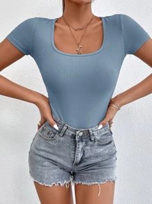 SHEIN PETITE Rib-knit Scoop Neck Bodysuit - Dusty Blue - View 5
