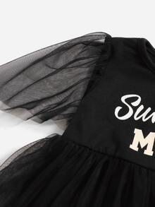 SHEIN 嬰兒字母圖案泡泡袖網紗拼接洋裝 - 黑色 - 查看 3