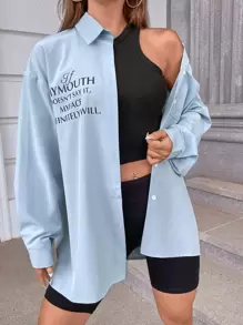 SHEIN Unity Áo sơ mi nữ Túi Nút phía trước Slogan Giải trí - Màu xanh nhạt - Xem 1