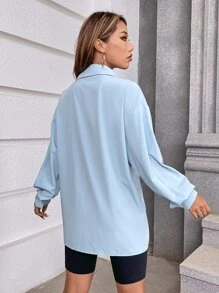 SHEIN Unity Áo sơ mi nữ Túi Nút phía trước Slogan Giải trí - Màu xanh nhạt - Xem 2