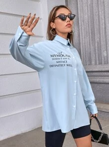 SHEIN Unity Áo sơ mi nữ Túi Nút phía trước Slogan Giải trí - Màu xanh nhạt - Xem 3