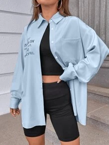SHEIN Unity Áo sơ mi nữ Túi Nút phía trước Slogan Giải trí - Màu xanh nhạt - Xem 4