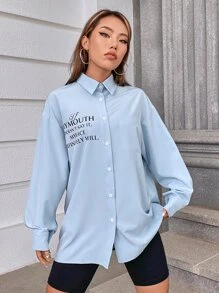 SHEIN Unity Áo sơ mi nữ Túi Nút phía trước Slogan Giải trí - Màu xanh nhạt - Xem 6