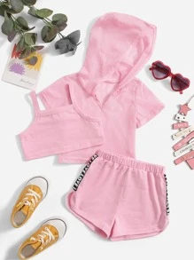 SHEIN 嬰兒素色吊帶上衣和連帽網紗T恤和拼接字母織帶短褲 - 淺粉色 - 查看 1