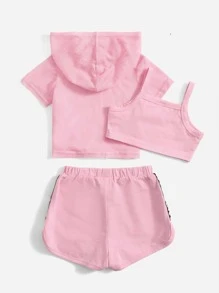 SHEIN 嬰兒素色吊帶上衣和連帽網紗T恤和拼接字母織帶短褲 - 淺粉色 - 查看 2