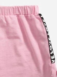 SHEIN 嬰兒素色吊帶上衣和連帽網紗T恤和拼接字母織帶短褲 - 淺粉色 - 查看 3