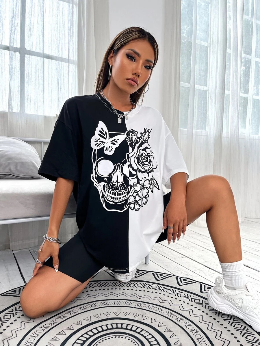 SHEIN Unity 骷髏和花卉印花落肩T恤 - 黑與白 - 查看 1