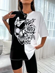 SHEIN Unity 骷髏和花卉印花落肩T恤 - 黑與白 - 查看 3