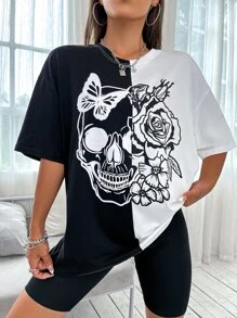 SHEIN Unity 骷髏和花卉印花落肩T恤 - 黑與白 - 查看 5
