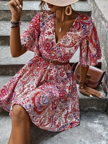 SHEIN Frenchy 滿版圖案蝴蝶袖連衣裙 - 彩色 - 查看 6